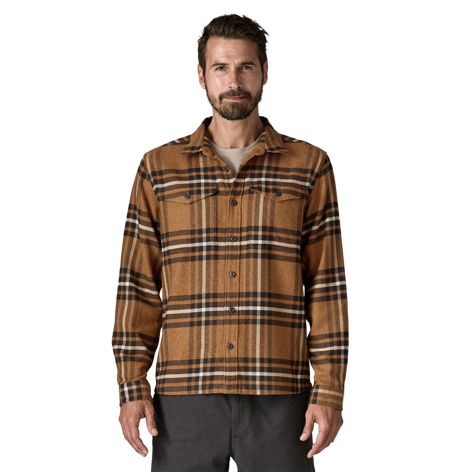 Patagonia M's Long-Sleeved Midweight Fjord Flannel Shirt - Organic Cotton Catch: Deer Brown Shirt