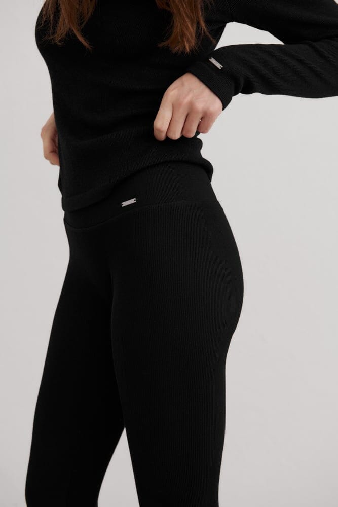 Black Ribbed Wool Leggings Tights Aimn