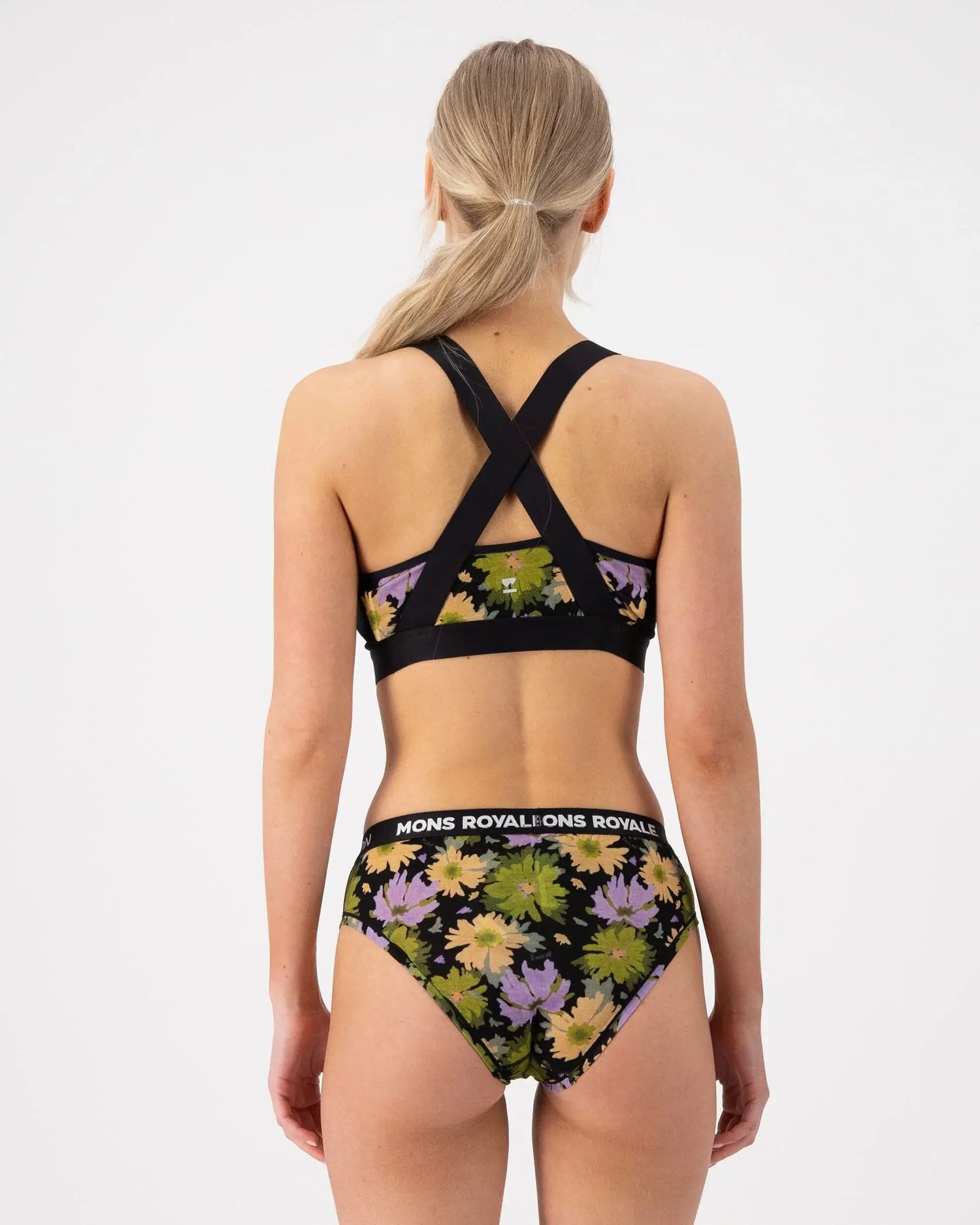 Mons Royale Stella X-Back Bra - Merino Wool Alpine Bloom Black Underwear