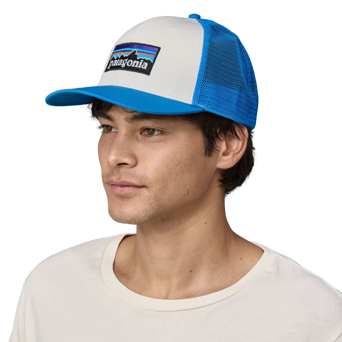 Unisex P-6 Logo Trucker Hat - Organic Cotton Headwear Patagonia White w/Vessel Blue