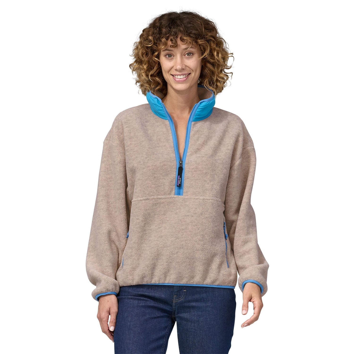 Patagonia W's Synch Fleece Marsupial - 100% Recycled Polyester Oatmeal Heather w Blue Bird Shirt
