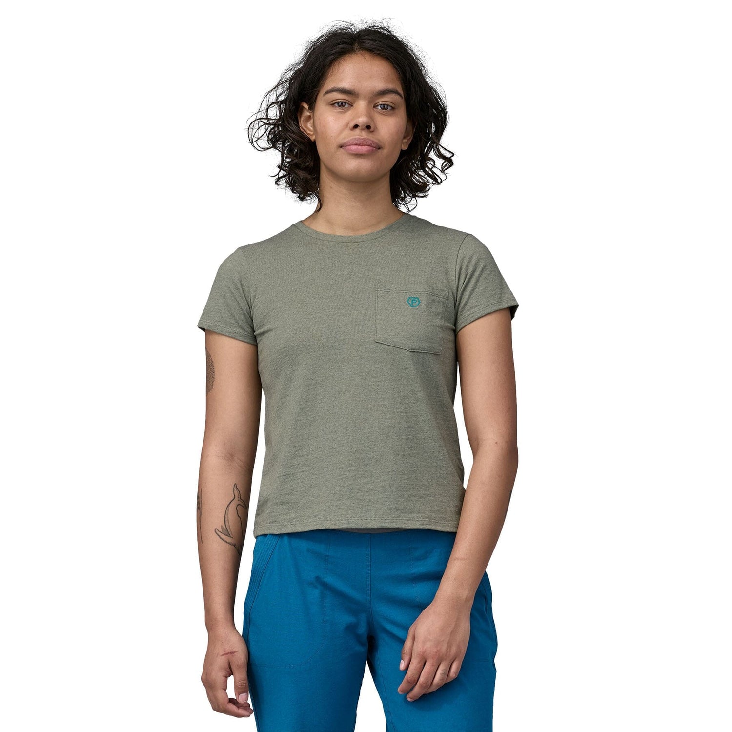 Patagonia W's Clean Climb Bloom Pocket Responsibili-Tee - Recycled Cotton & Recycled Polyester Sleet Green Shirt