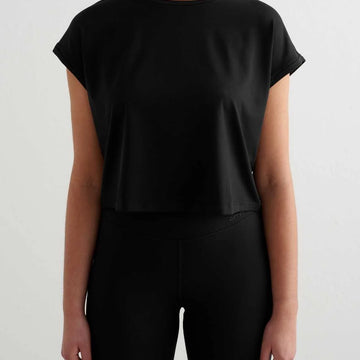 Aimn Soft Basic Roll Sleeve Top Black Tops