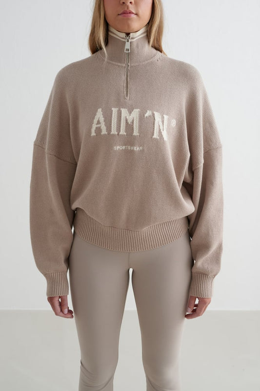 Aimn College Knitted Half Zip Dark Clay Sweaters