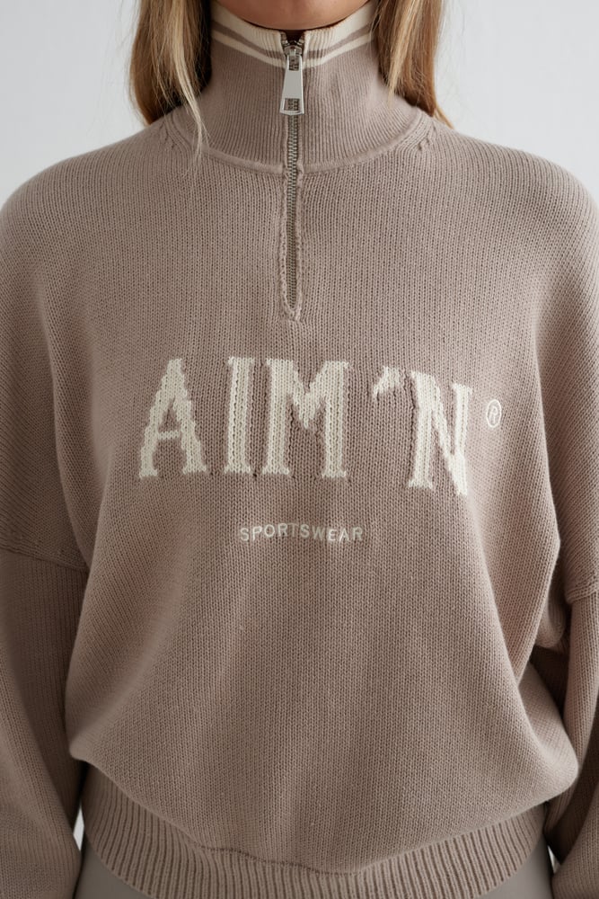 Aimn College Knitted Half Zip Dark Clay Sweaters