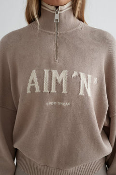Aimn College Knitted Half Zip Dark Clay Sweaters