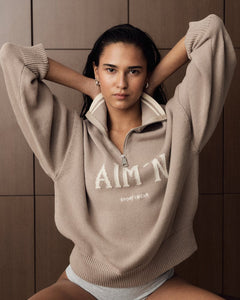 Aimn College Knitted Half Zip Dark Clay Sweaters