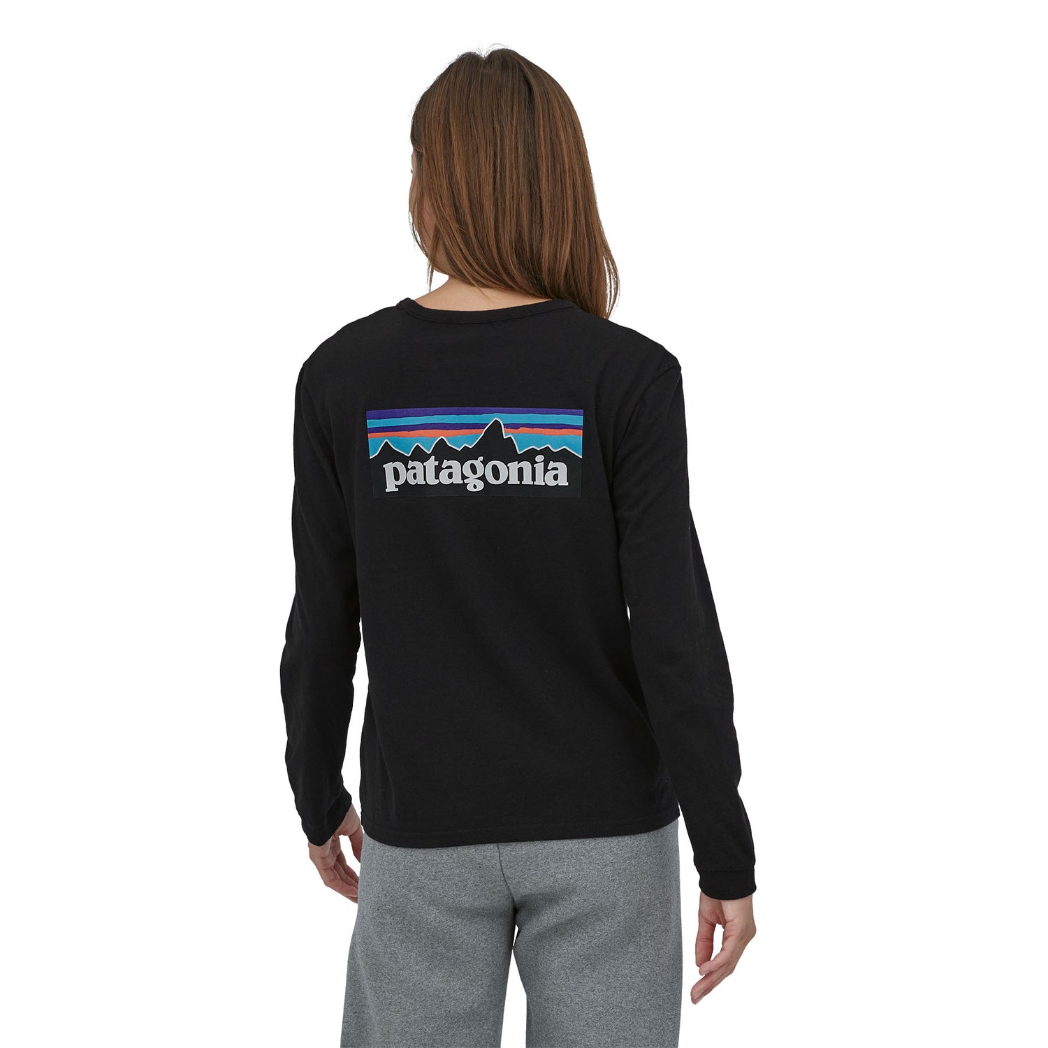 Patagonia W's L/S P-6 Logo Responsibili-Tee - Recycled Cotton & Recycled Polyester Black Shirt