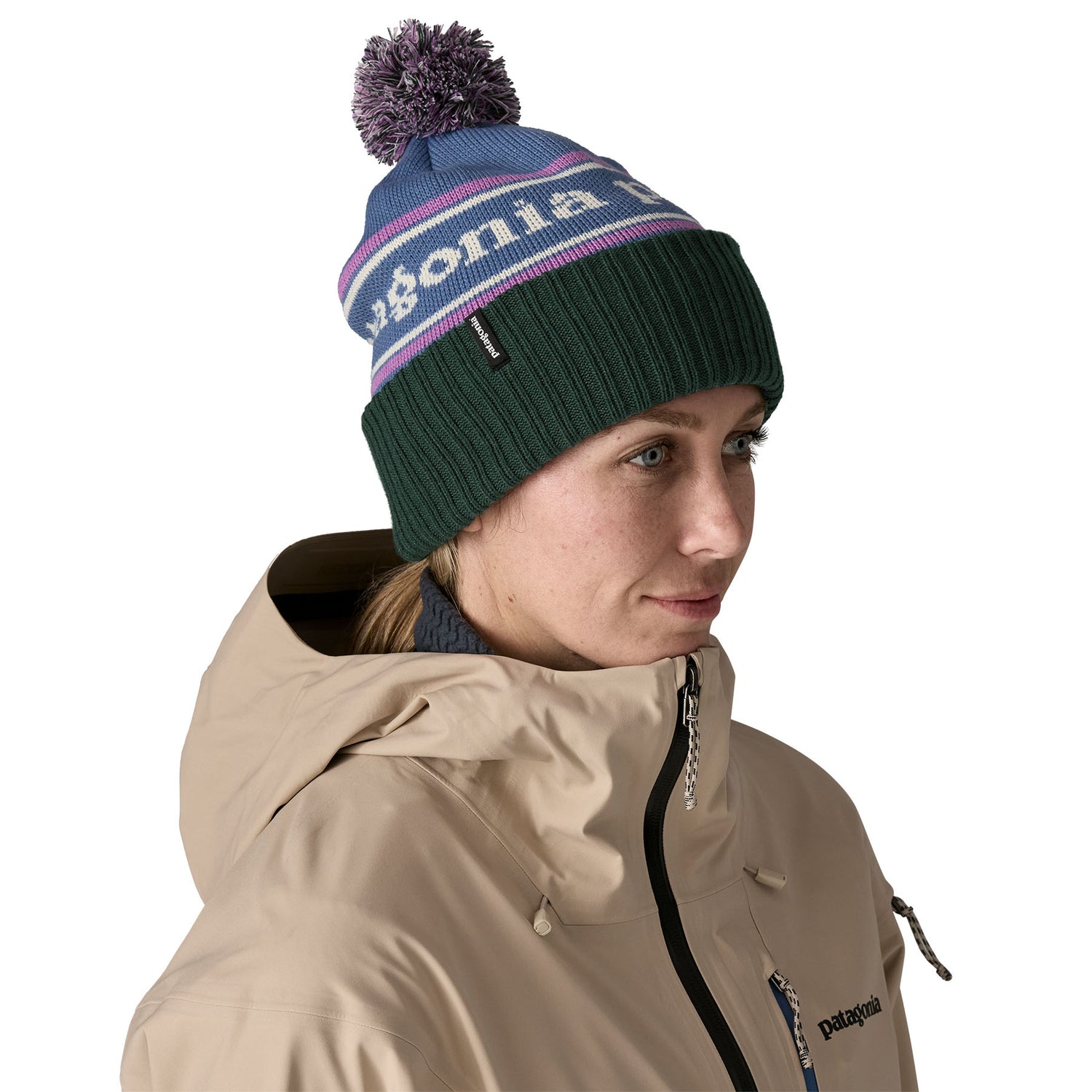 Patagonia Powder Town Beanie -100% Recycled Polyester Park Stripe: Barnacle Blue Headwear