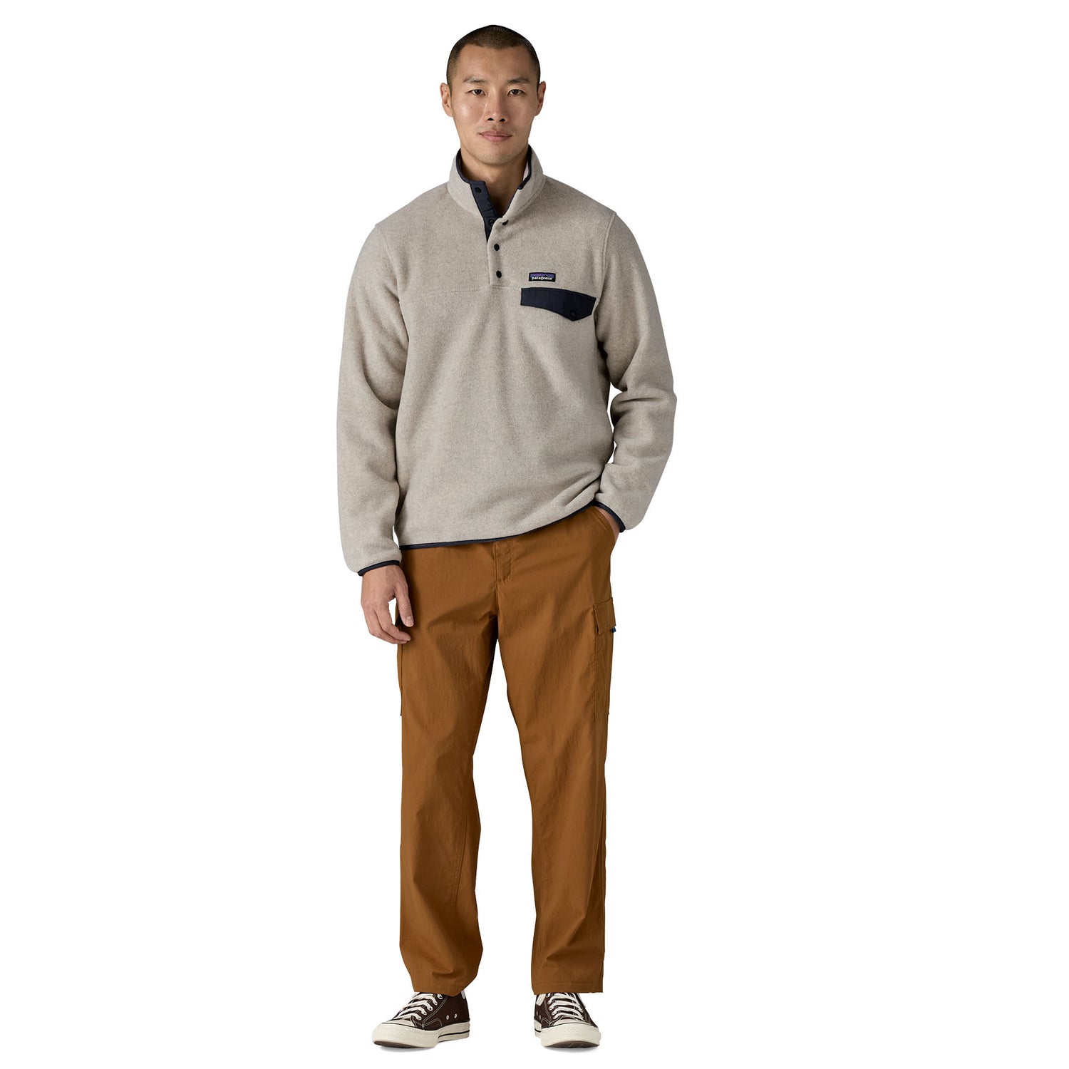 Patagonia M's LW Synch Snap-T Fleece Pullover - 100% Recycled Polyester Oatmeal Heather w Smolder Blue Shirt