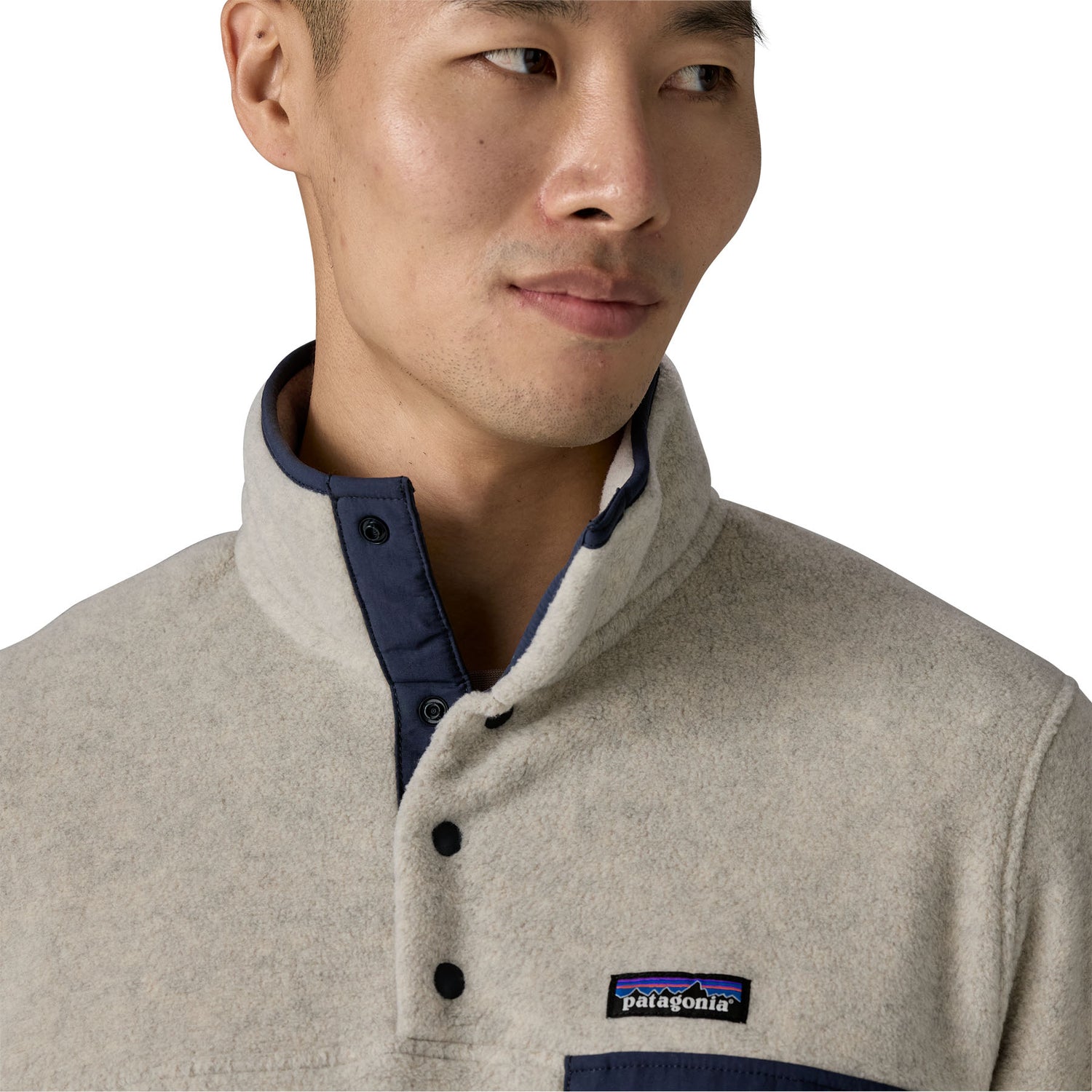 Patagonia M's LW Synch Snap-T Fleece Pullover - 100% Recycled Polyester Oatmeal Heather w Smolder Blue Shirt