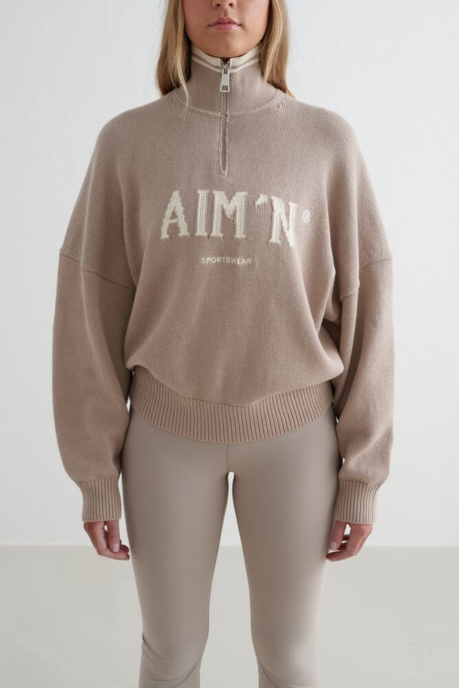 College Knitted Half Zip Sweaters Aimn Dark Clay S 