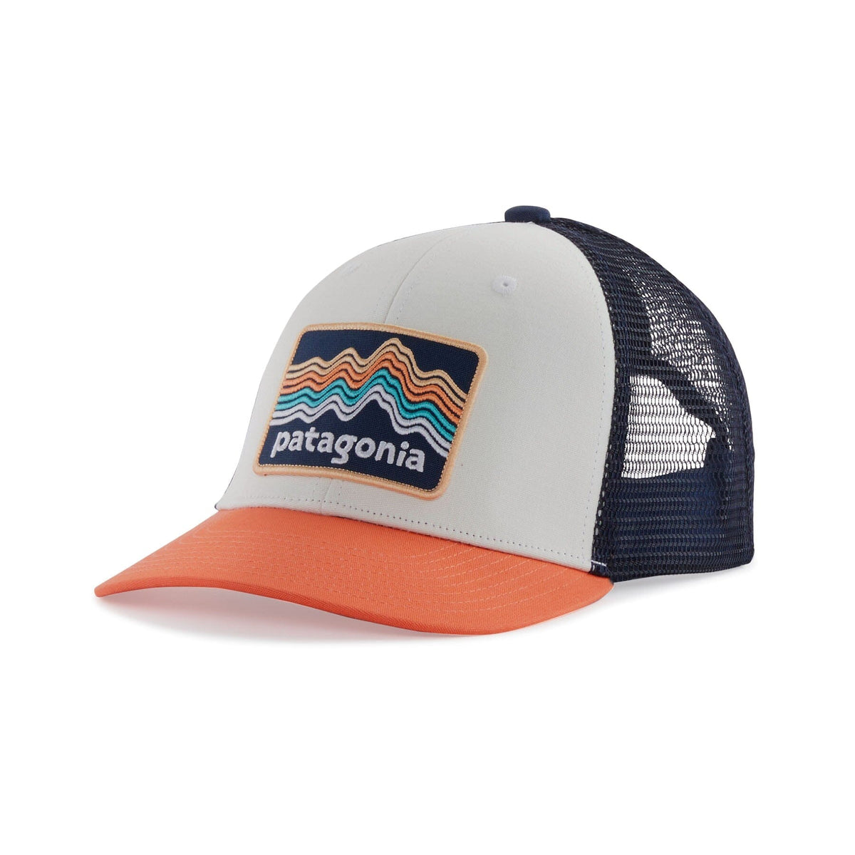 Kids Trucker Hat - Organic Cotton & Recycled PET Headwear Patagonia Ridge Rise Stripe: Coho Coral