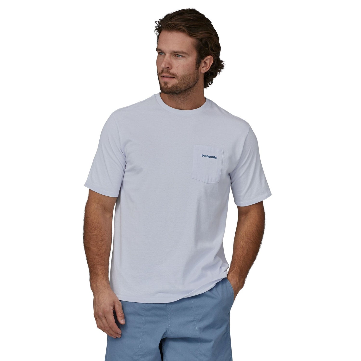 Patagonia M's Boardshort Logo Pocket Responsibili-Tee - Recycled Cotton & Recycled Polyester White Shirt
