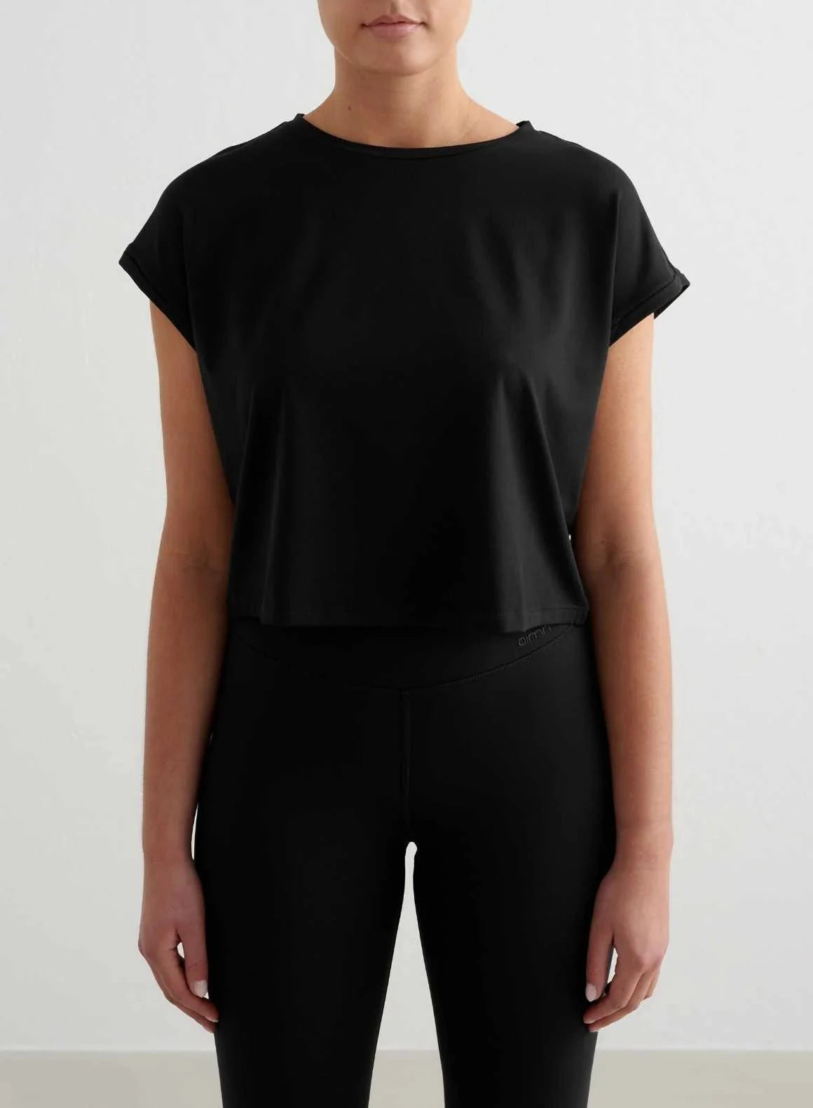 Aimn Soft Basic Roll Sleeve Top Black Tops