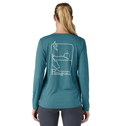 Patagonia W's L/S Cap Cool Daily Graphic Shirt - Waters - Recycled Polyester Swelldrifter: Wetland Blue X-Dye Shirt