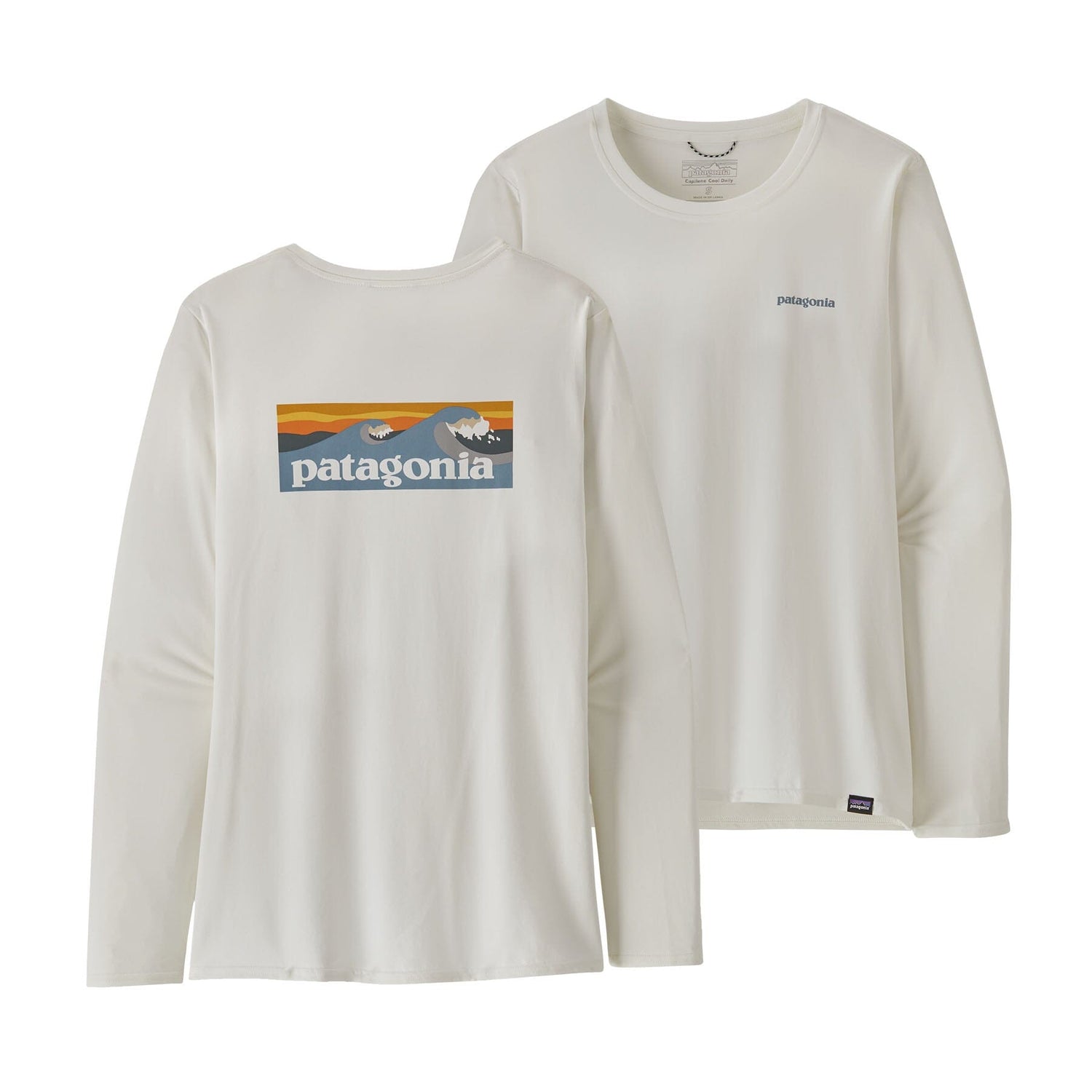Patagonia W's L/S Cap Cool Daily Graphic Shirt - Waters - Recycled Polyester Boardshort Logo Light Plume Grey: White Shirt