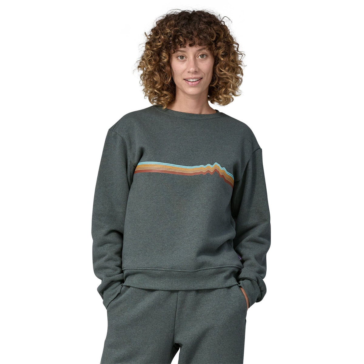 Patagonia W's Ridge Rise Stripe Uprisal Crew Sweatshirt - Recycled Polyester & Recycled Cotton Nouveau Green Shirt