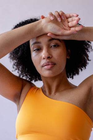 Girlfriend Collective Bianca One Shoulder Bra - Made from Recycled Plastic Bottles Orange Zest