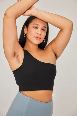Girlfriend Collective Bianca One Shoulder Bra - Made from Recycled Plastic Bottles Black