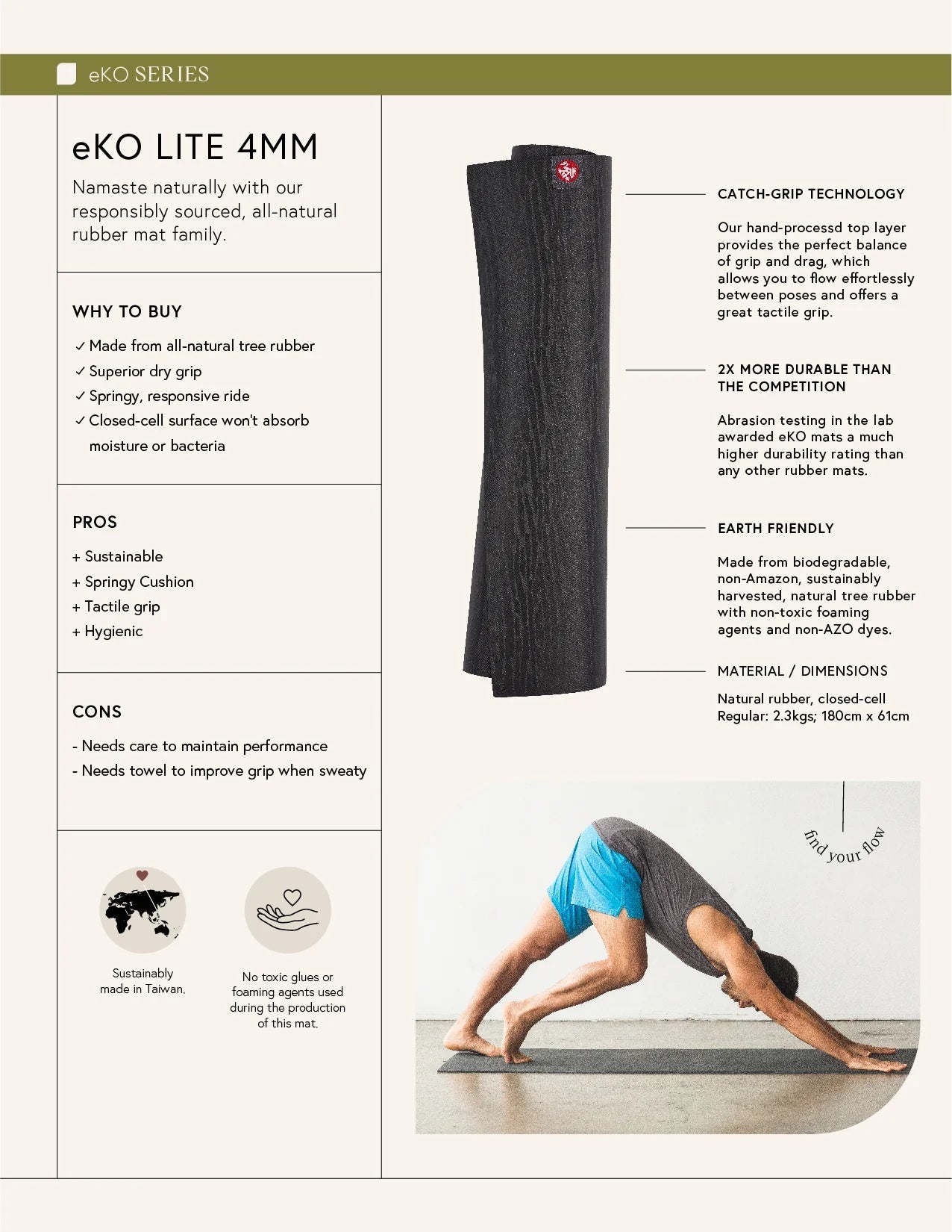Manduka eKO® Lite Yoga Mat 4mm - 180cm - From Tree Rubber Charcoal Yoga equipment