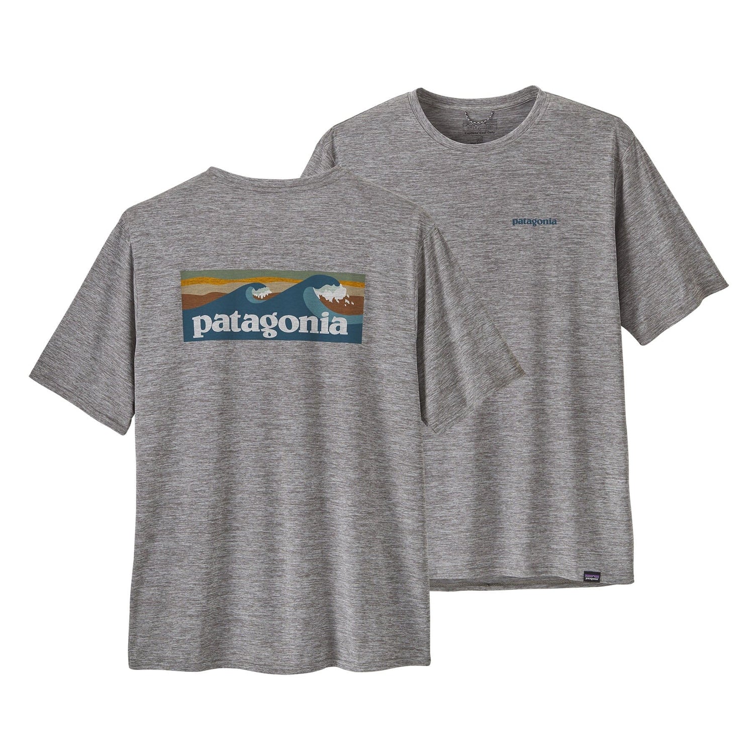 Patagonia M's Cap Cool Daily Graphic Shirt - Waters Boardshort Logo Abalone Blue: Feather Grey Shirt