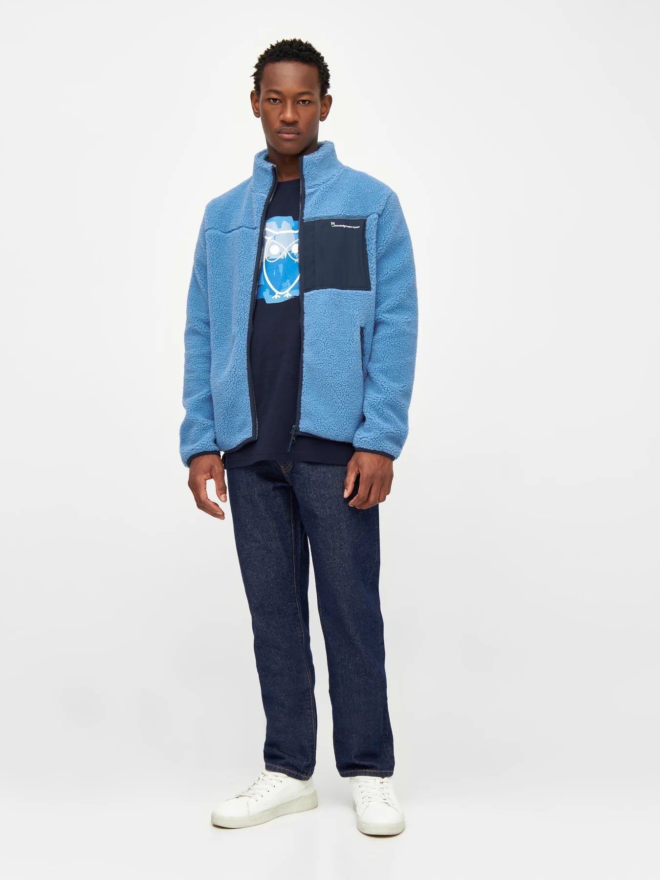 KnowledgeCotton Apparel M's Teddy fleece zip jacket - 100% Recycled PET Azure Blue Jacket