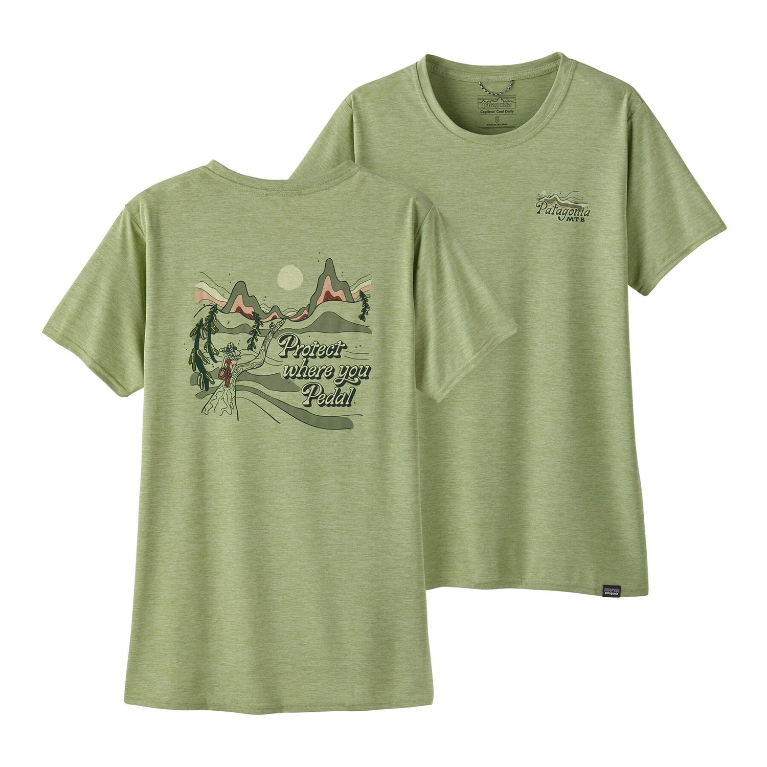 Patagonia W's Cap Cool Daily Graphic Shirt - Lands - Recycled Polyester Protect Pedal: Salvia Green X-Dye Shirt