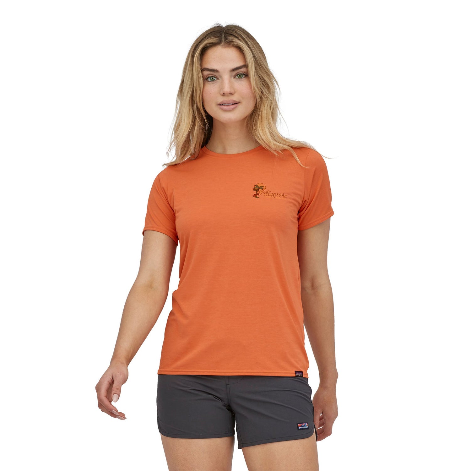 Patagonia W's Capilene® Cool Daily Graphic T-Shirt - Recycled Polyester Palm Protest: Tigerlily Orange X-Dye Shirt