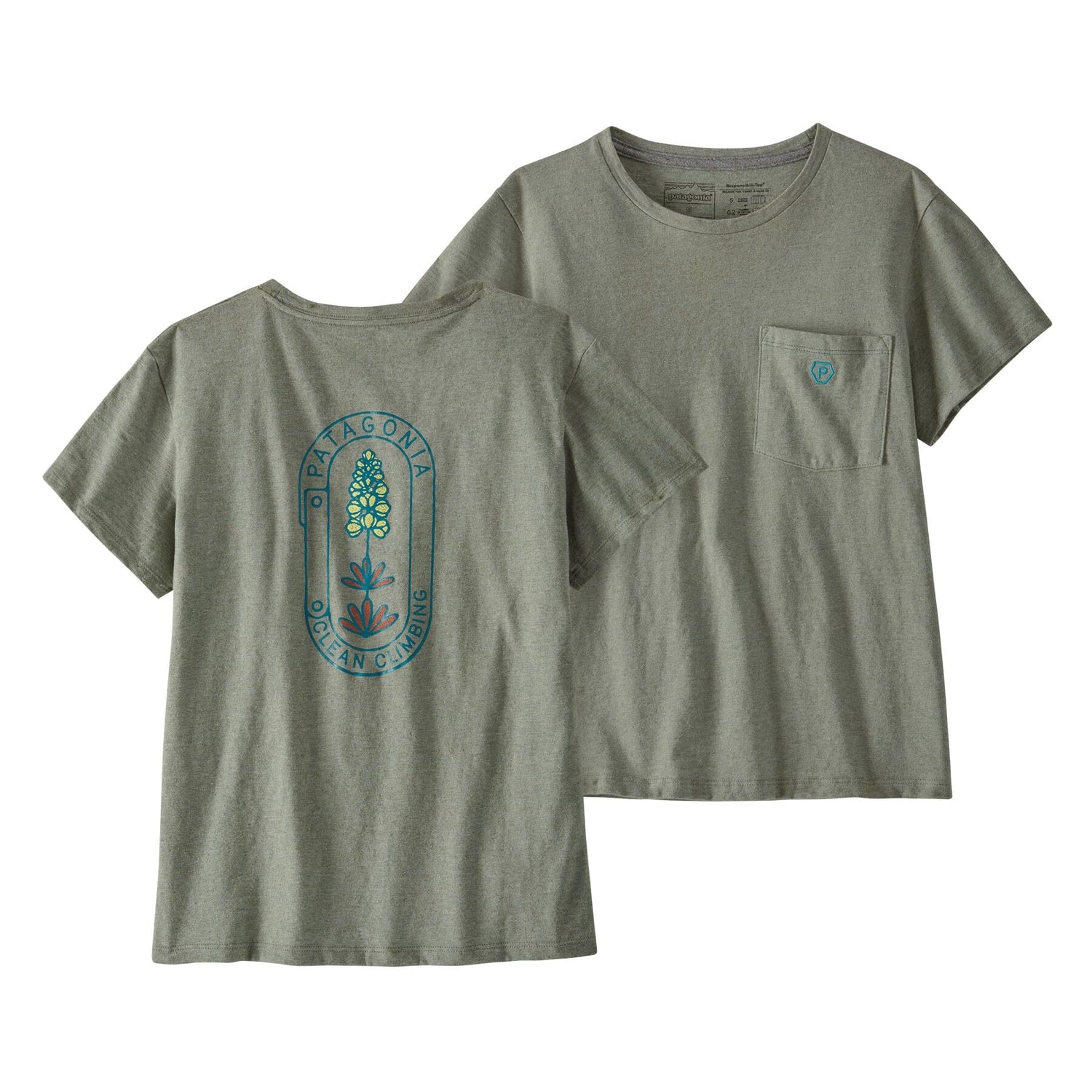 Patagonia W's Clean Climb Bloom Pocket Responsibili-Tee - Recycled Cotton & Recycled Polyester Sleet Green Shirt