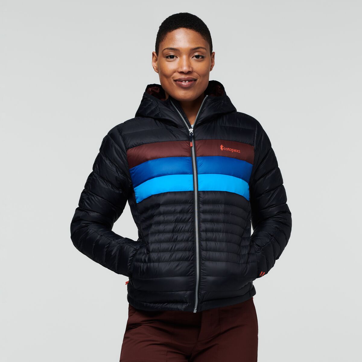 W's Fuego Down Hooded Jacket - Responsibly sourced down Jacket Cotopaxi Black & Chestnut Stripes S