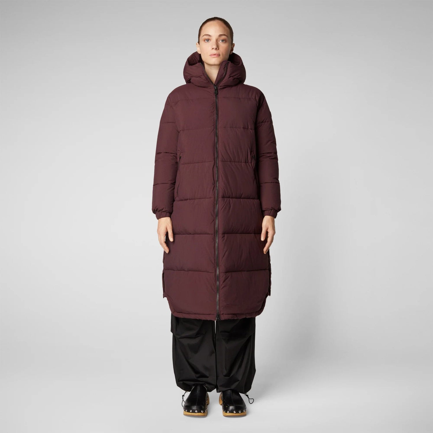 Save The Duck W's Halesia Hooded Coat - 100% Recycled Nylon Burgundy Black Jacket