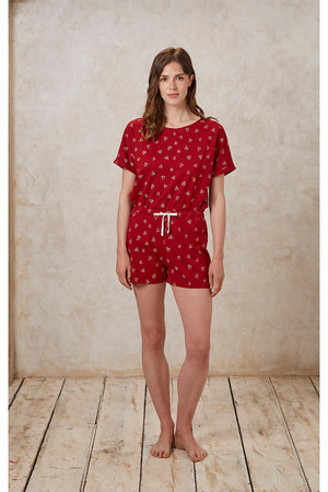 People Tree W's Hearts Pyjama Shorts - 100% Organic Certified Cotton Red