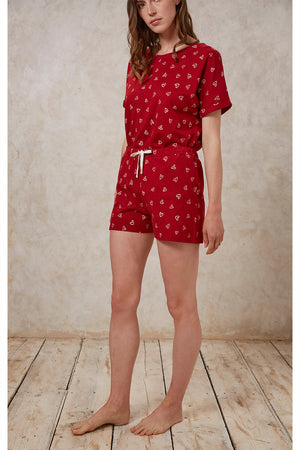 People Tree W's Hearts Pyjama Shorts - 100% Organic Certified Cotton Red