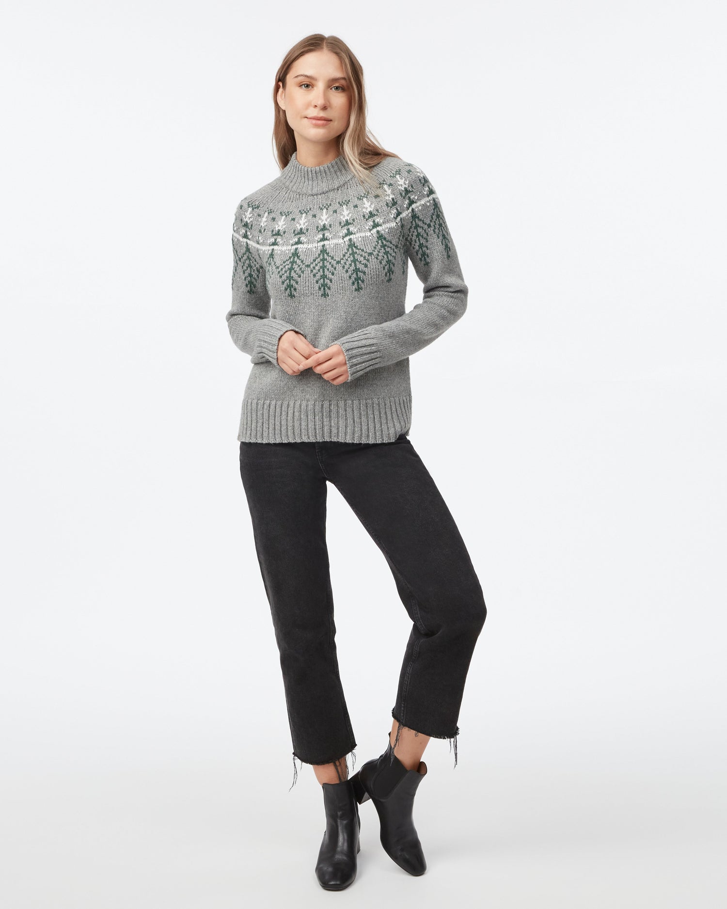 Tentree W's Highline Wool Intarsia Sweater - Made From Recycled Polyester & Organic Cotton Grey Heather/Hunter Green Shirt