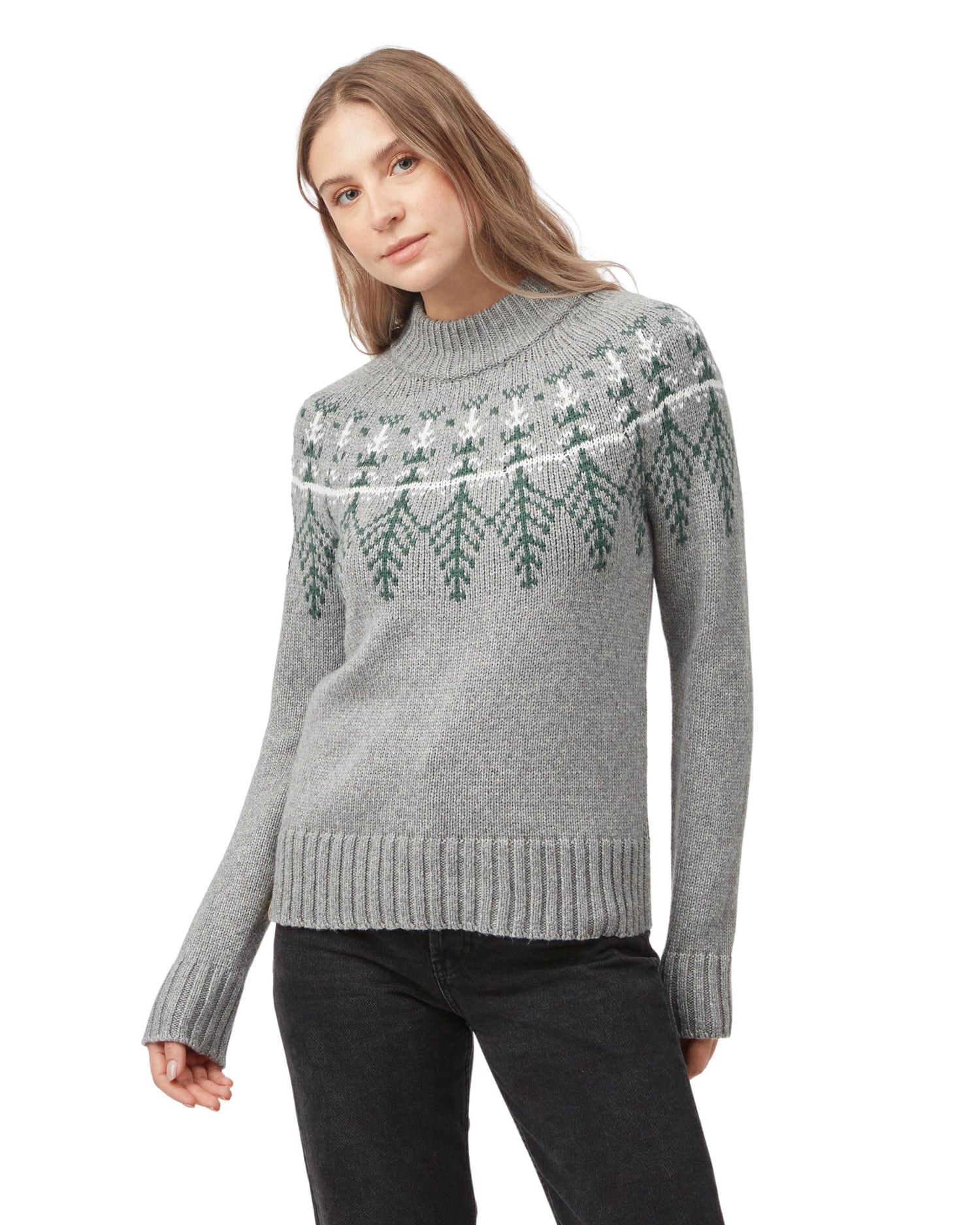 Tentree W's Highline Wool Intarsia Sweater - Made From Recycled Polyester & Organic Cotton Grey Heather Hunter Green Shirt