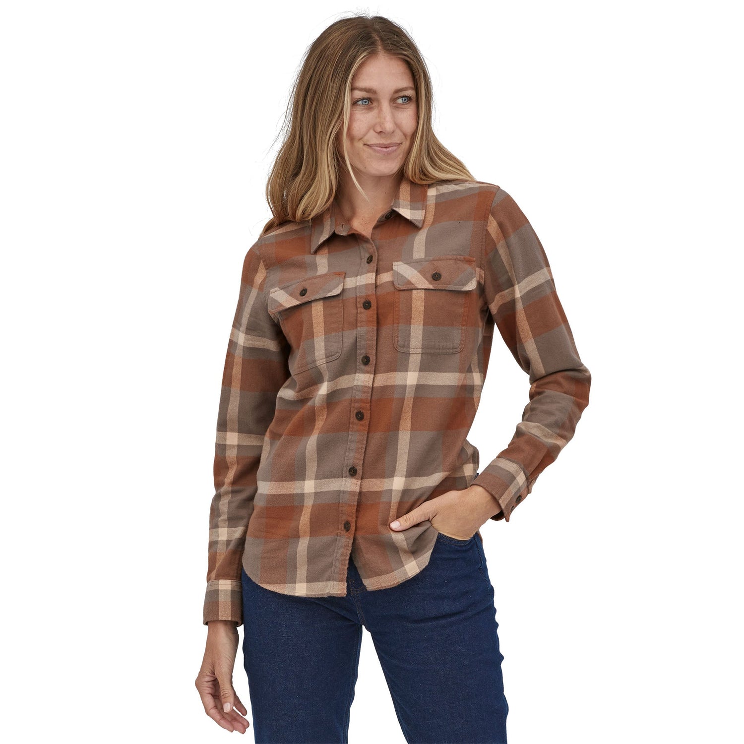 Patagonia W's Long-Sleeved Fjord Flannel Shirt - 100% organic cotton Comstock: Dusky Brown Shirt