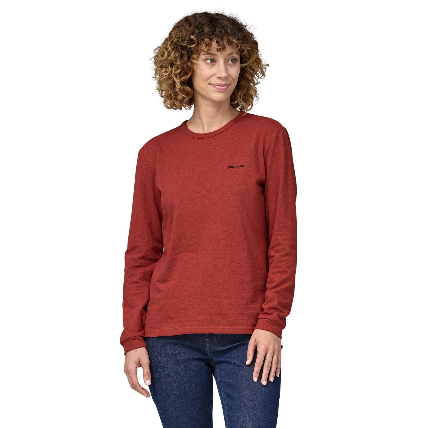 Patagonia W's L/S P-6 Logo Responsibili-Tee - Recycled Cotton & Recycled Polyester Burl Red Shirt